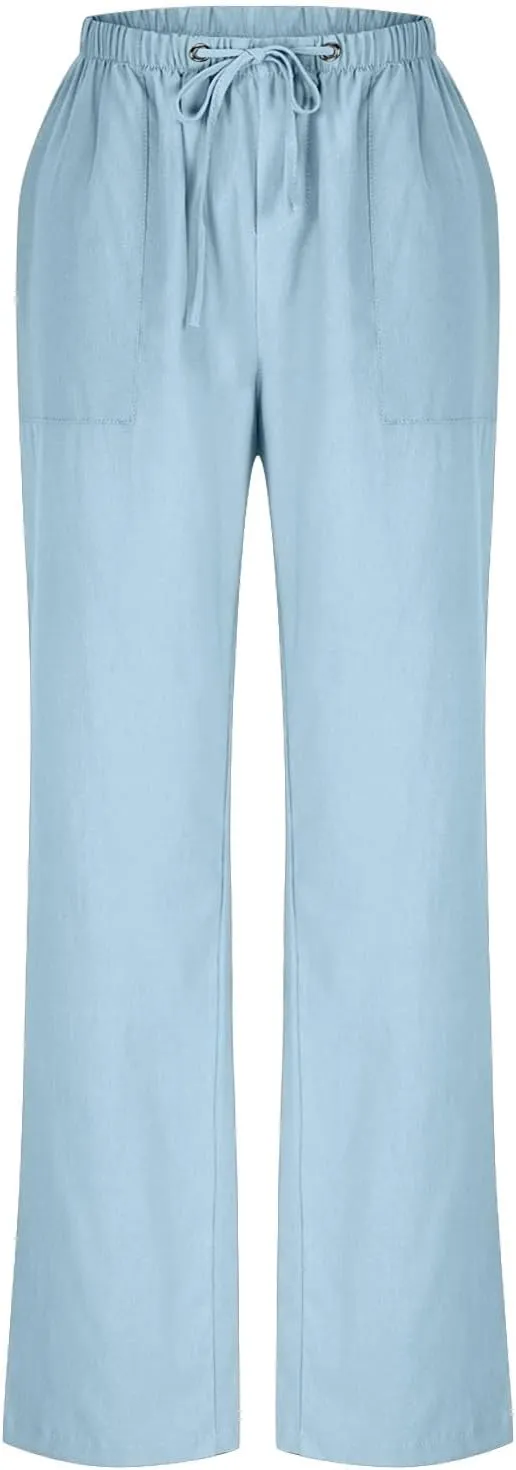 Linen Pants for Women 2025 High Waist Drawstring Wide Leg Trousers Summer Casual Flowy Beach Palazzo with Pockets