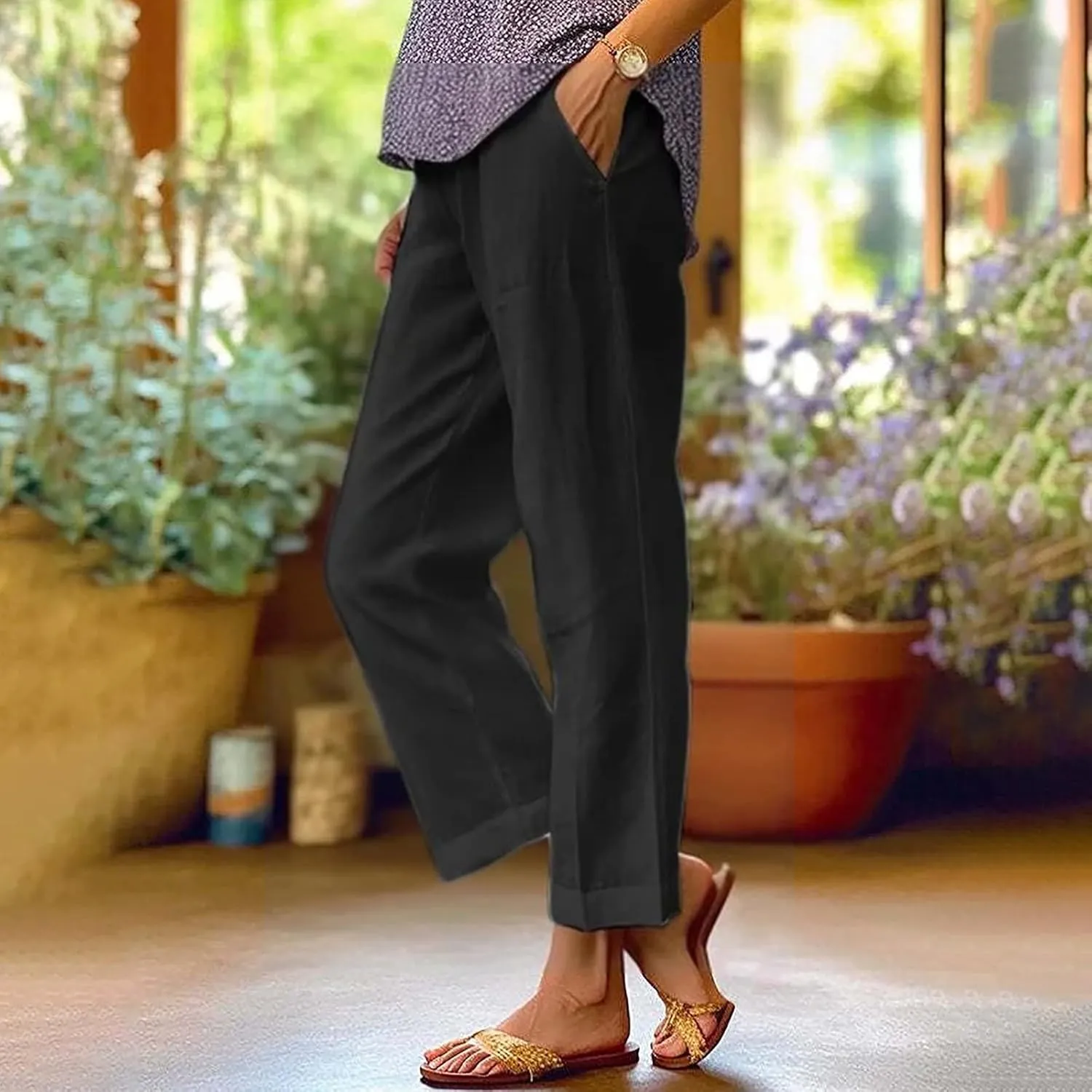Linen Pants for Women 2025 Plus Size Trendy Solid Color Spring Summer Gauze Pants Elastic Waist Comfy Trousers