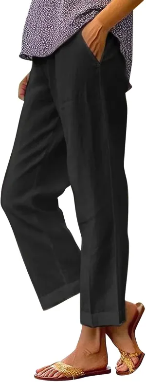Linen Pants for Women 2025 Plus Size Trendy Solid Color Spring Summer Gauze Pants Elastic Waist Comfy Trousers