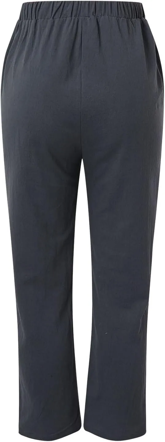 Linen Pants for Women 2025 Plus Size Trendy Spring Summer Gauze Pants Casual Elastic Waist Comfy Trousers Palazzo Capris