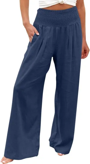 Linen Pants for Women Fall High Waisted Wide Leg Pants Work Casual Elastic Waist Palazzo Trousers with Pocket