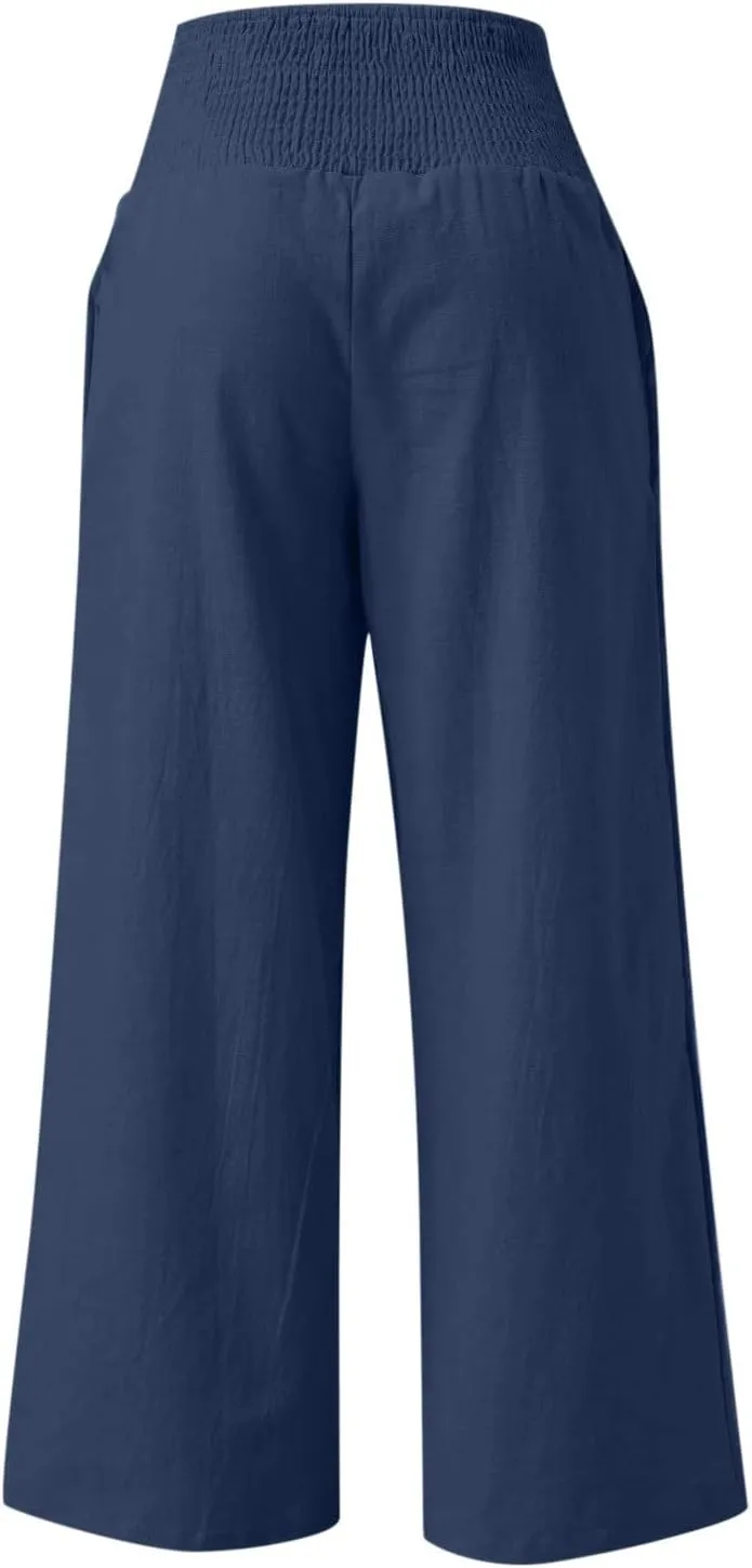 Linen Pants for Women Fall High Waisted Wide Leg Pants Work Casual Elastic Waist Palazzo Trousers with Pocket