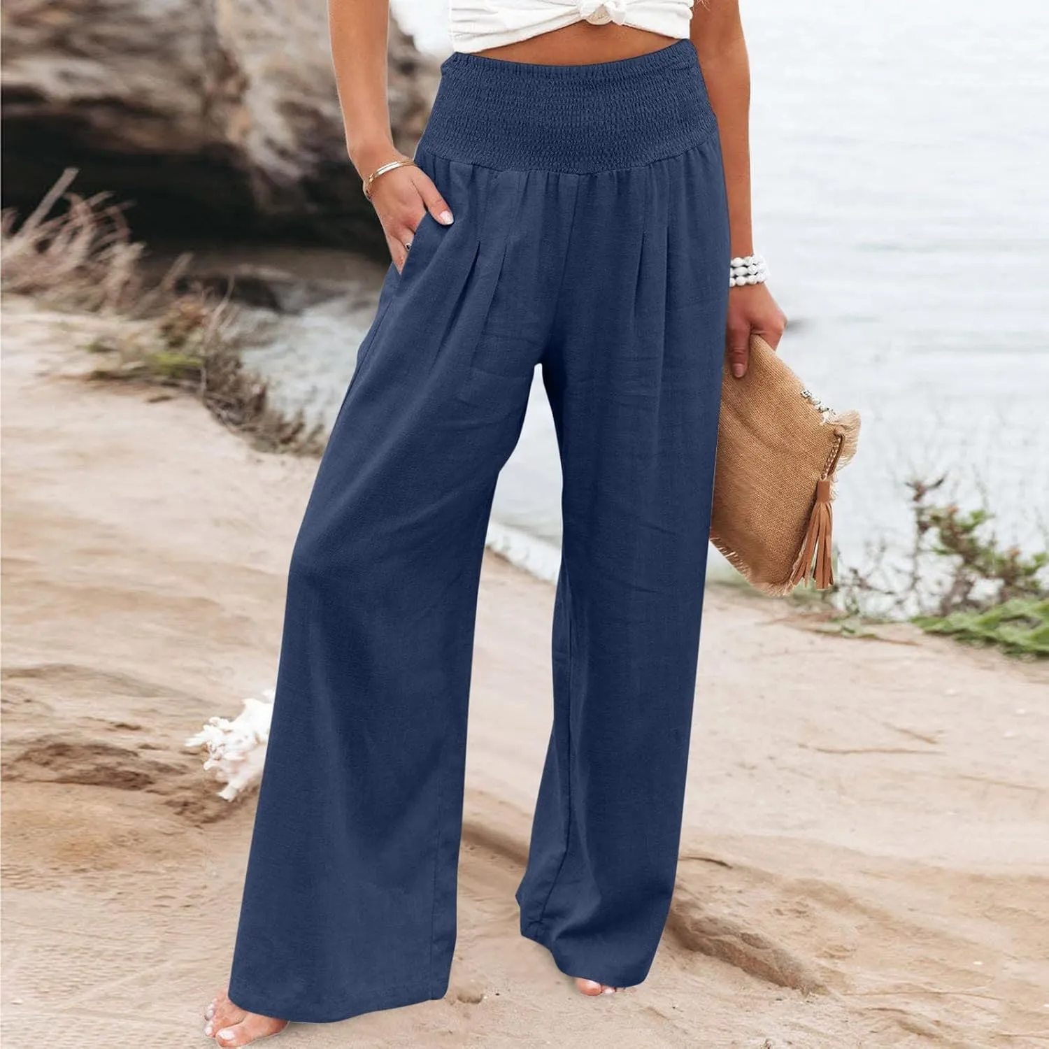 Linen Pants for Women Fall High Waisted Wide Leg Pants Work Casual Elastic Waist Palazzo Trousers with Pocket