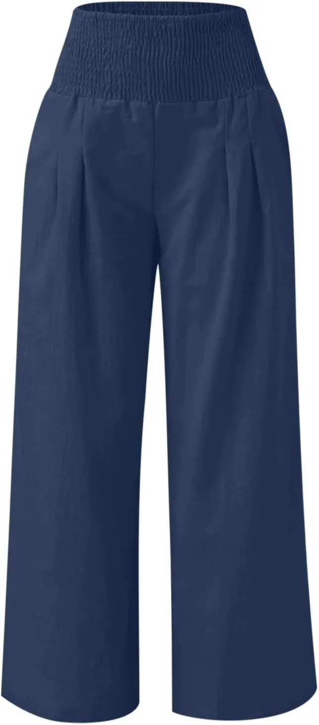 Linen Pants for Women Fall High Waisted Wide Leg Pants Work Casual Elastic Waist Palazzo Trousers with Pocket