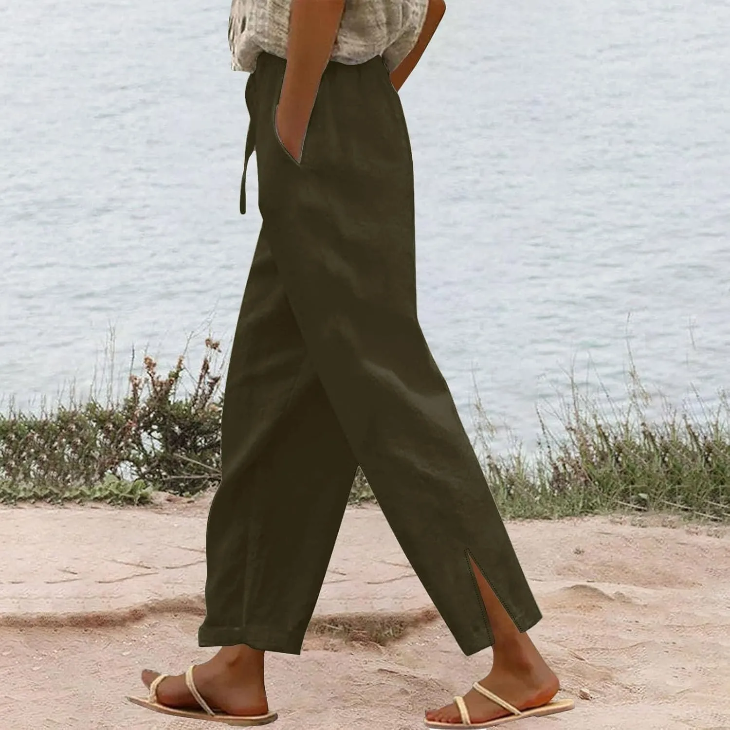 Linen Pants for Women Summer Elastic High Waist Lounge Pant Casual Lightweight Capris Trousers Straight Leg Slacks