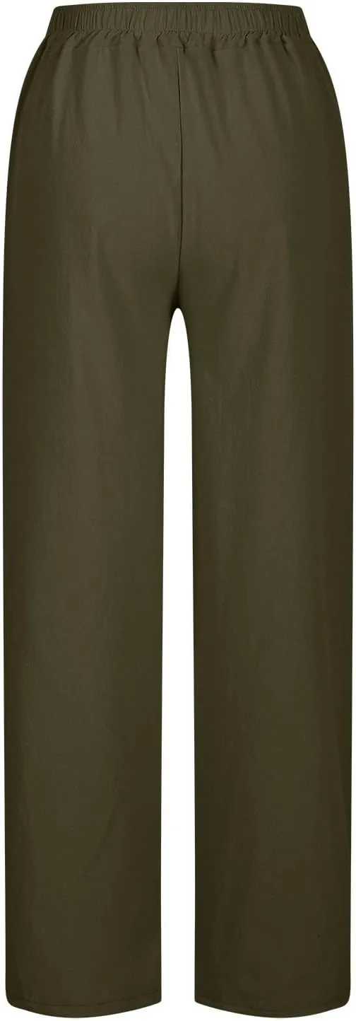 Linen Pants for Women Summer Elastic High Waist Lounge Pant Casual Lightweight Capris Trousers Straight Leg Slacks
