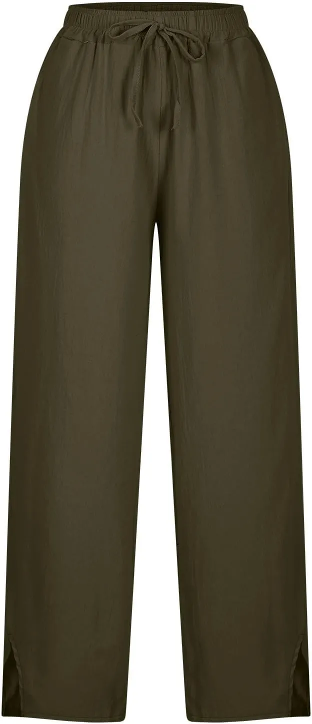 Linen Pants for Women Summer Elastic High Waist Lounge Pant Casual Lightweight Capris Trousers Straight Leg Slacks