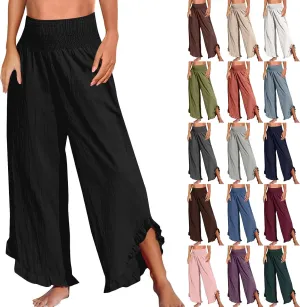 Linen Pants for Women Summer Elastic High Waisted Ruffles Palazzo Pants Pull on Travel Vacation Trousers with Pockets