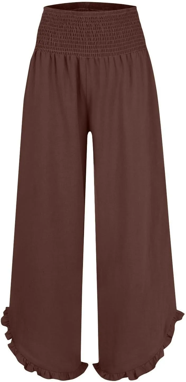 Linen Pants for Women Summer Elastic High Waisted Ruffles Palazzo Pants Pull on Travel Vacation Trousers with Pockets