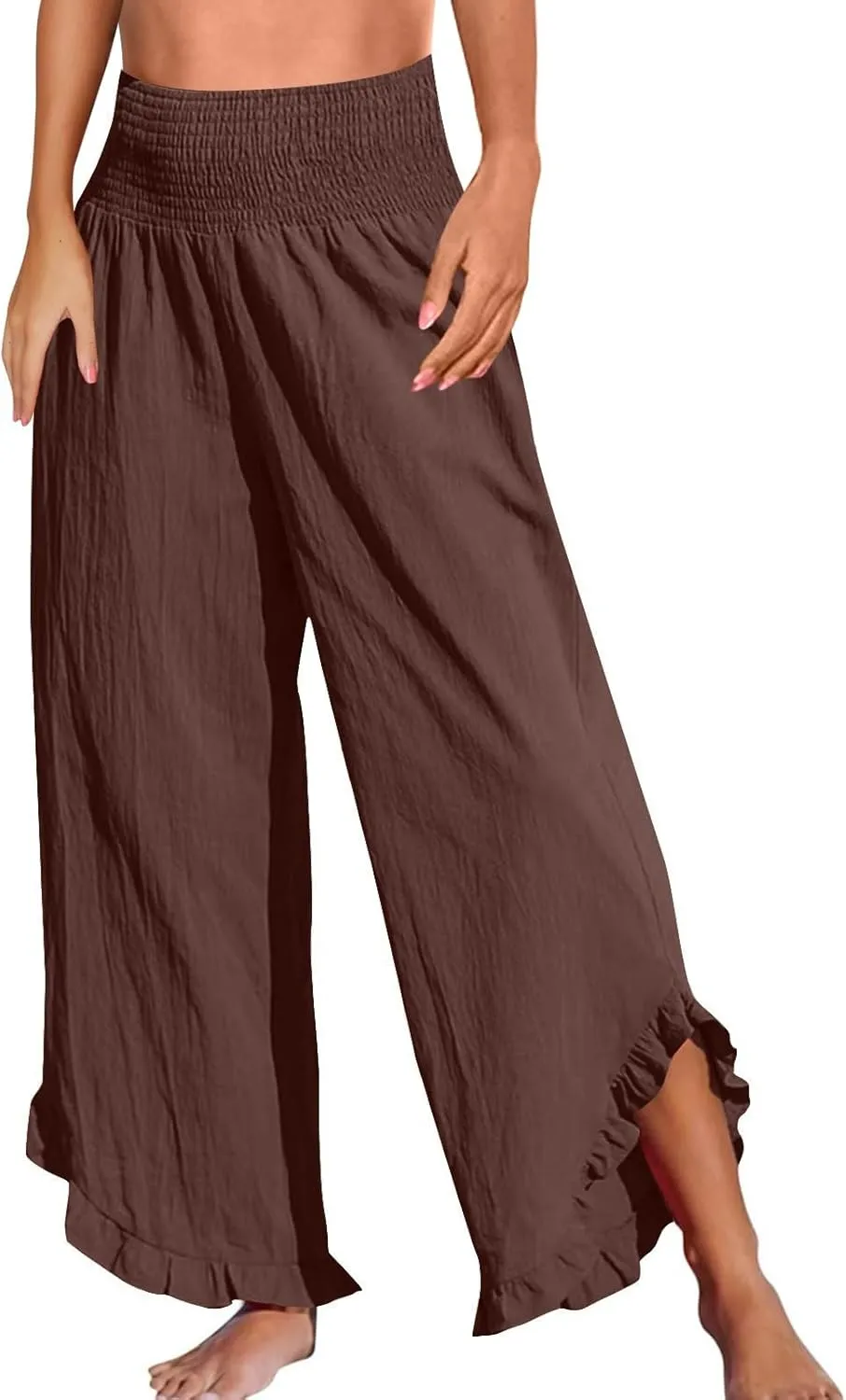 Linen Pants for Women Summer Elastic High Waisted Ruffles Palazzo Pants Pull on Travel Vacation Trousers with Pockets