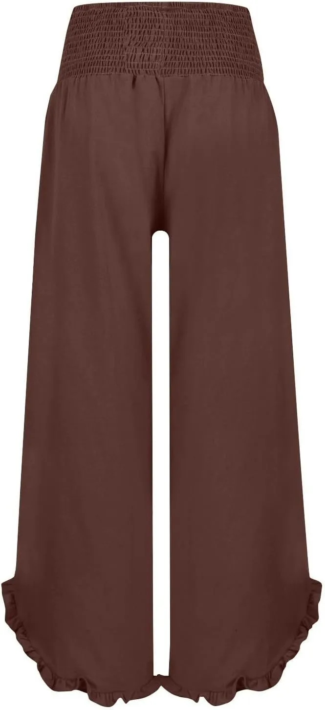 Linen Pants for Women Summer Elastic High Waisted Ruffles Palazzo Pants Pull on Travel Vacation Trousers with Pockets