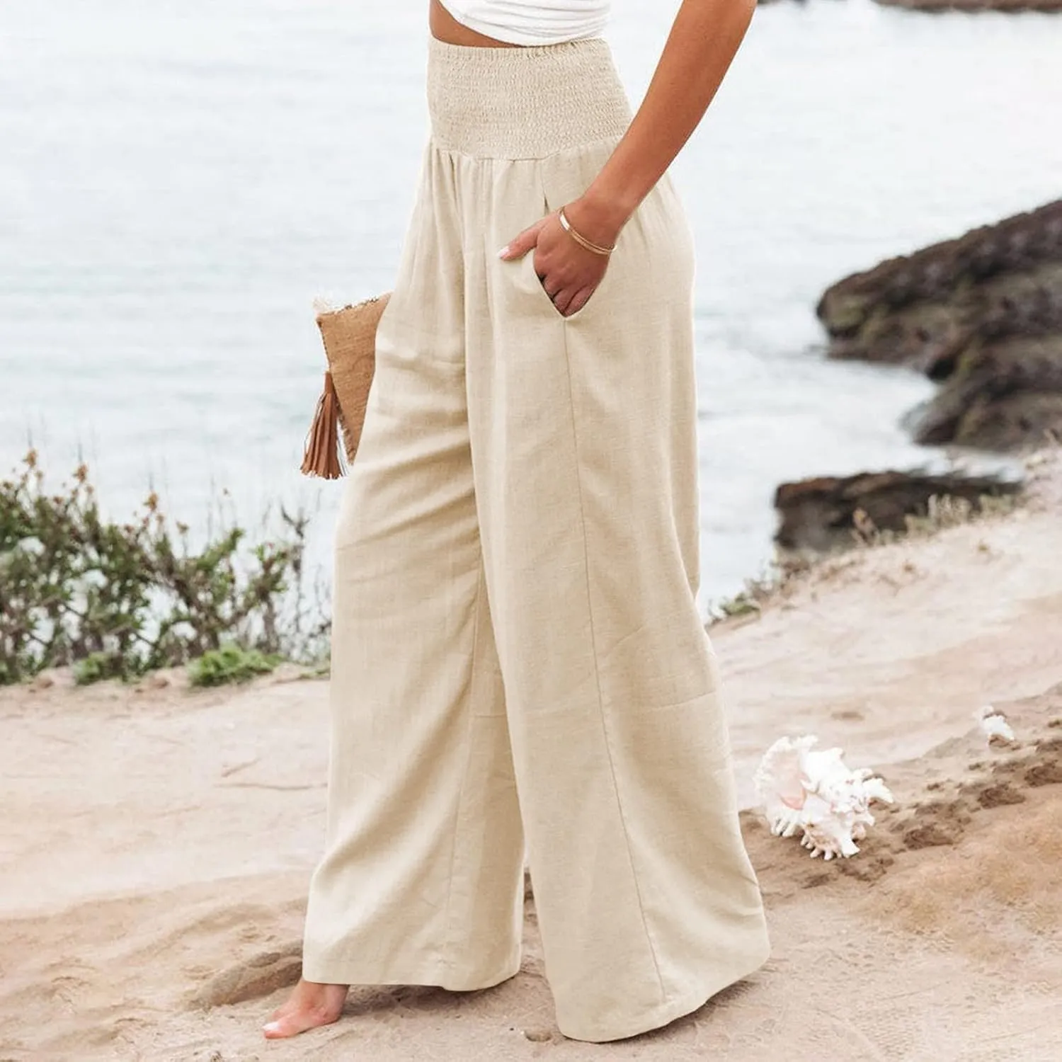 Linen Pants Women Baggy Wide Leg Flowy Beach Pants Elastic High Waisted Smocked Tummy Control Vacation Pants with Pockets