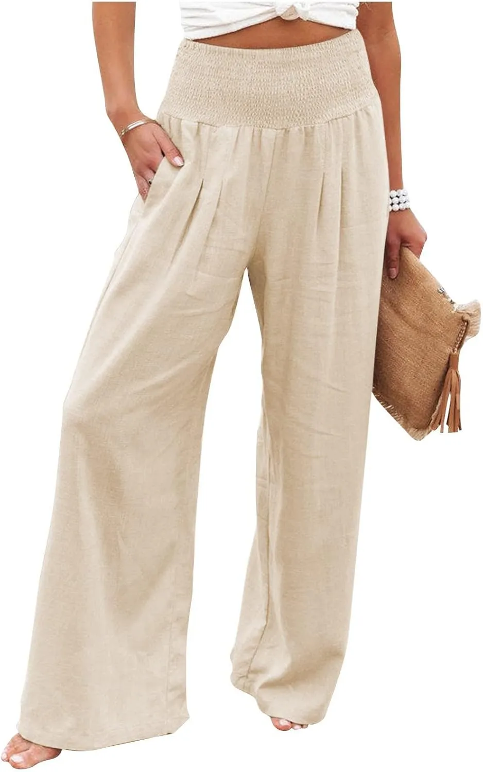 Linen Pants Women Baggy Wide Leg Flowy Beach Pants Elastic High Waisted Smocked Tummy Control Vacation Pants with Pockets