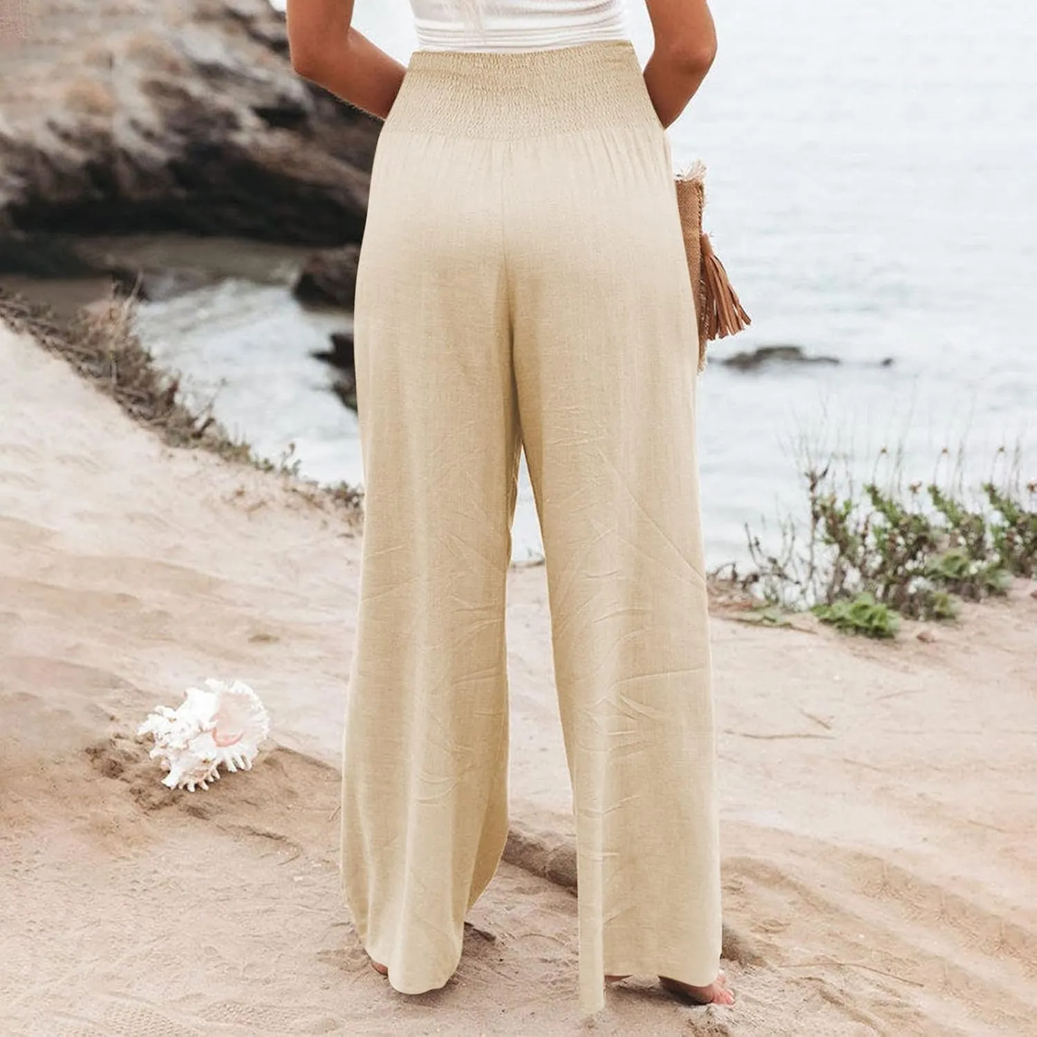 Linen Pants Women Baggy Wide Leg Flowy Beach Pants Elastic High Waisted Smocked Tummy Control Vacation Pants with Pockets