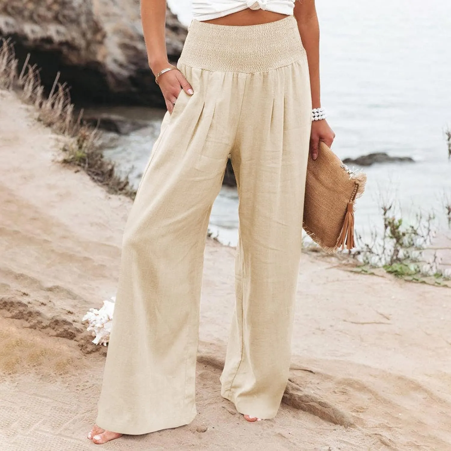 Linen Pants Women Baggy Wide Leg Flowy Beach Pants Elastic High Waisted Smocked Tummy Control Vacation Pants with Pockets