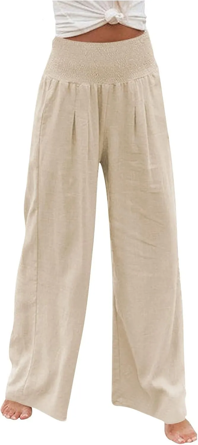 Linen Pants Women Baggy Wide Leg Flowy Beach Pants Elastic High Waisted Smocked Tummy Control Vacation Pants with Pockets
