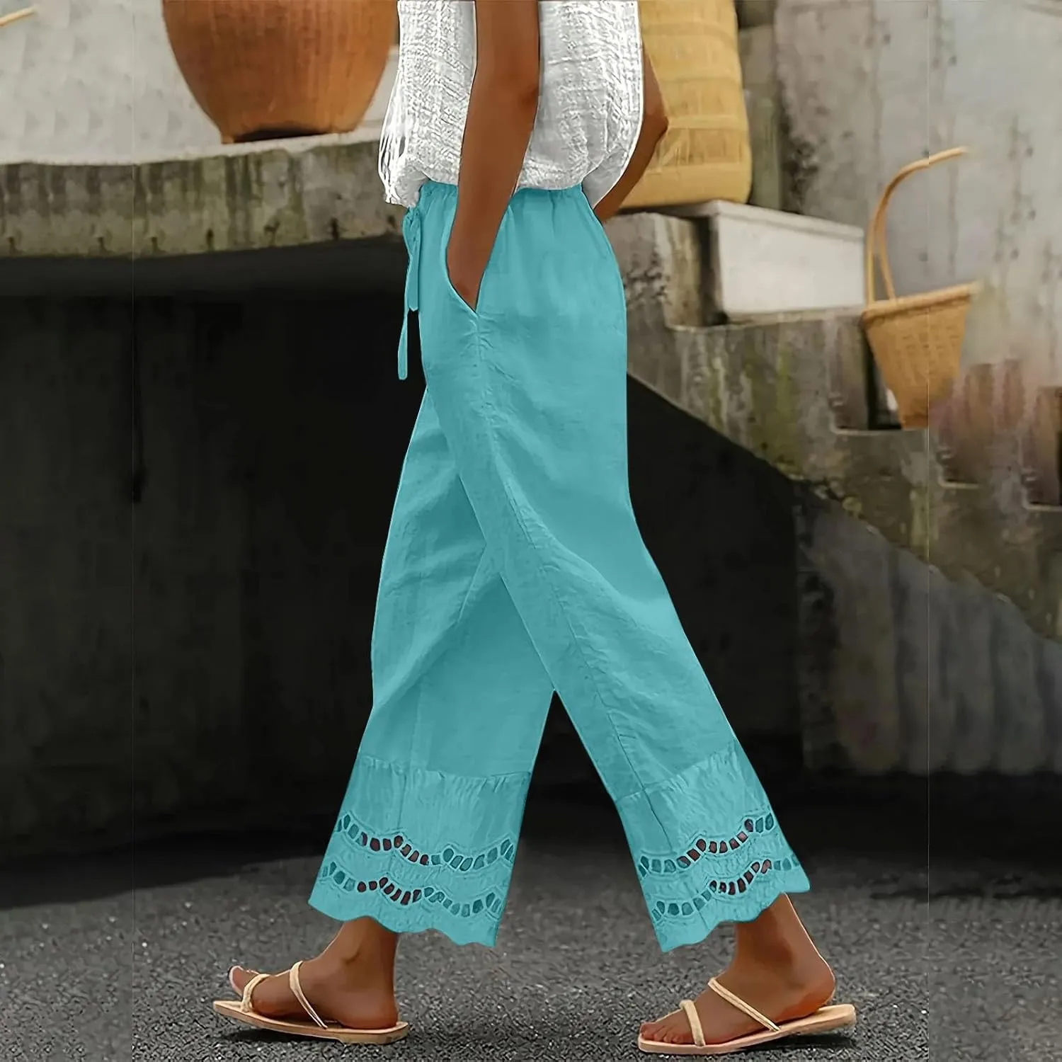 Linen Pants Women Lounge Trousers Drawstring Elastic Waist Summer Boho Palazzo Vintage Pants with Pockets