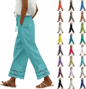 Linen Pants Women Lounge Trousers Drawstring Elastic Waist Summer Boho Palazzo Vintage Pants with Pockets
