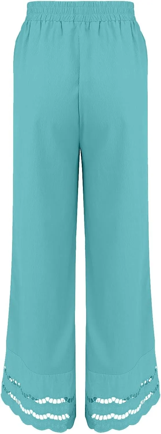 Linen Pants Women Lounge Trousers Drawstring Elastic Waist Summer Boho Palazzo Vintage Pants with Pockets