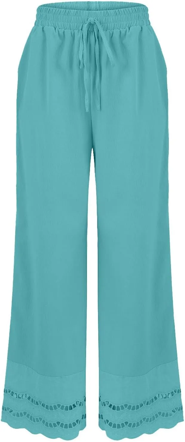 Linen Pants Women Lounge Trousers Drawstring Elastic Waist Summer Boho Palazzo Vintage Pants with Pockets