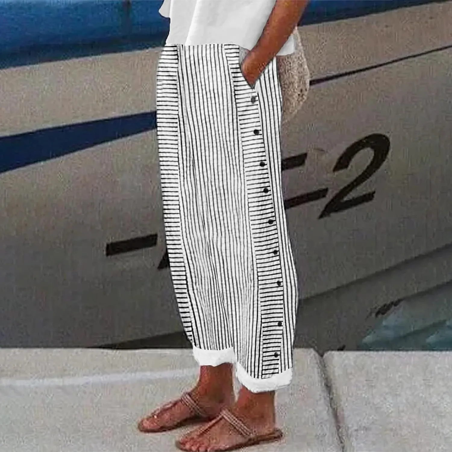 Linen Pants Women Summer 2025 Casual Cotton Linen Pant High Waisted Drawstring Lounge Pants Beach Trousers