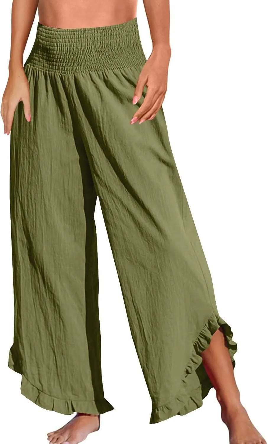 Linen Pants Women Summer Baggy Wide Leg Flowy Beach Pants Elastic High Waisted Tummy Control Vacation Pants with Pockets