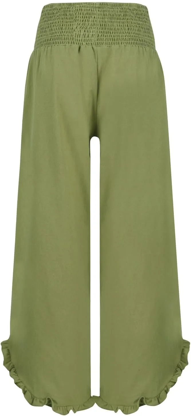 Linen Pants Women Summer Baggy Wide Leg Flowy Beach Pants Elastic High Waisted Tummy Control Vacation Pants with Pockets