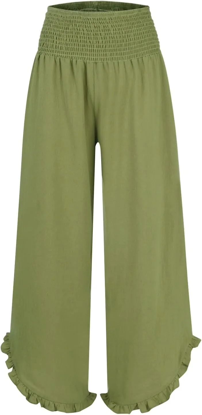 Linen Pants Women Summer Baggy Wide Leg Flowy Beach Pants Elastic High Waisted Tummy Control Vacation Pants with Pockets