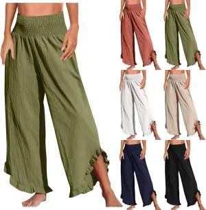 Linen Pants Women Summer Baggy Wide Leg Flowy Beach Pants Elastic High Waisted Tummy Control Vacation Pants with Pockets