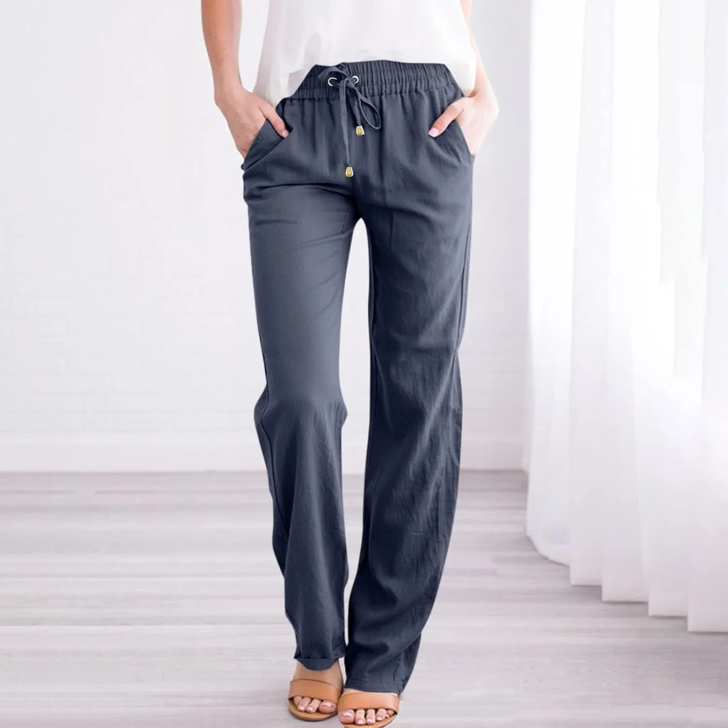 Linen Pants Women Summer Casual Straight Leg Beach Pants Baggy Drawstring High Waisted Gauze Pants with Pockets