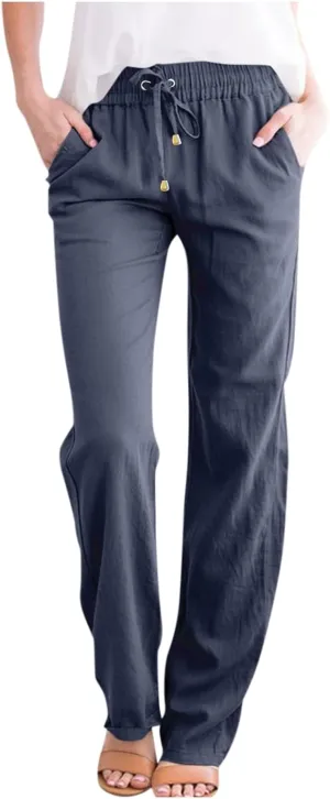 Linen Pants Women Summer Casual Straight Leg Beach Pants Baggy Drawstring High Waisted Gauze Pants with Pockets