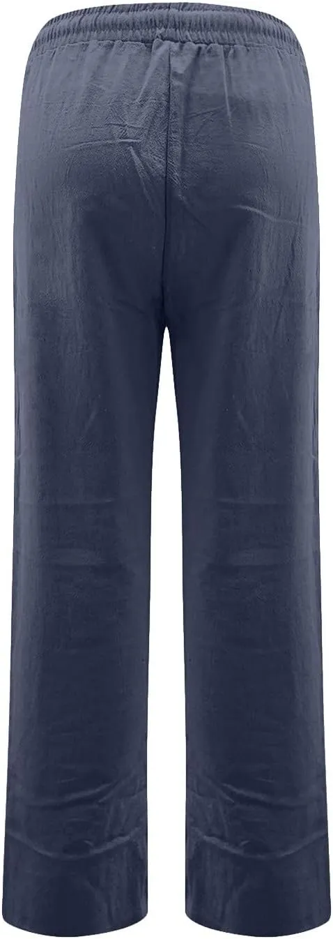 Linen Pants Women Summer Casual Straight Leg Beach Pants Baggy Drawstring High Waisted Gauze Pants with Pockets