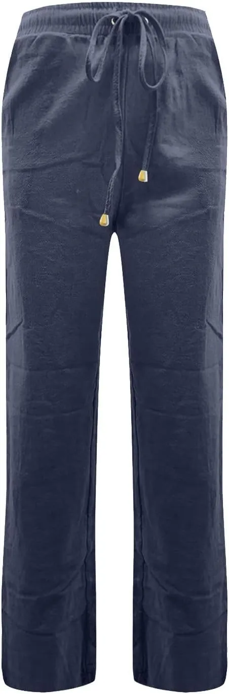 Linen Pants Women Summer Casual Straight Leg Beach Pants Baggy Drawstring High Waisted Gauze Pants with Pockets