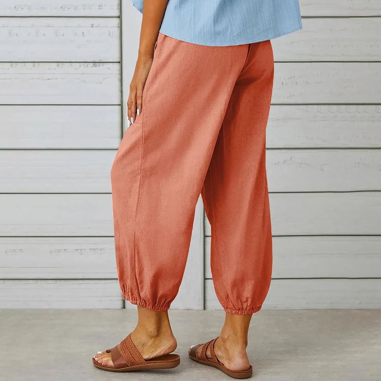 Linen Pants Women Summer High Waist Harem Cropped Pants Casual Loose Fit Trousers Beach Lounge Palazzo with Pocket