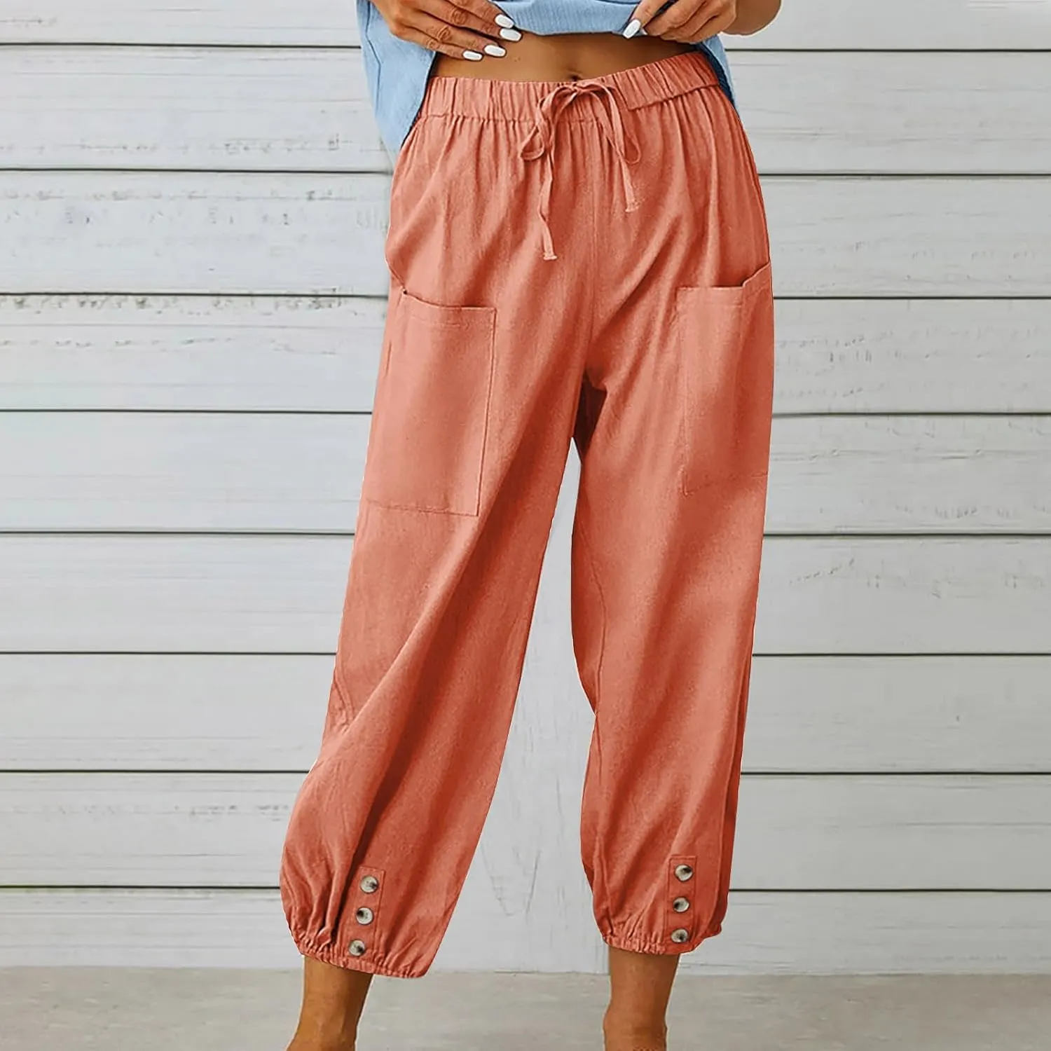 Linen Pants Women Summer High Waist Harem Cropped Pants Casual Loose Fit Trousers Beach Lounge Palazzo with Pocket