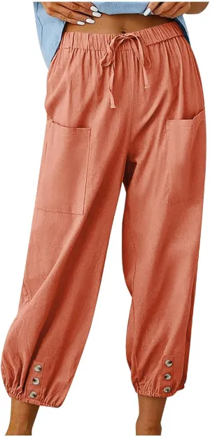 Linen Pants Women Summer High Waist Harem Cropped Pants Casual Loose Fit Trousers Beach Lounge Palazzo with Pocket