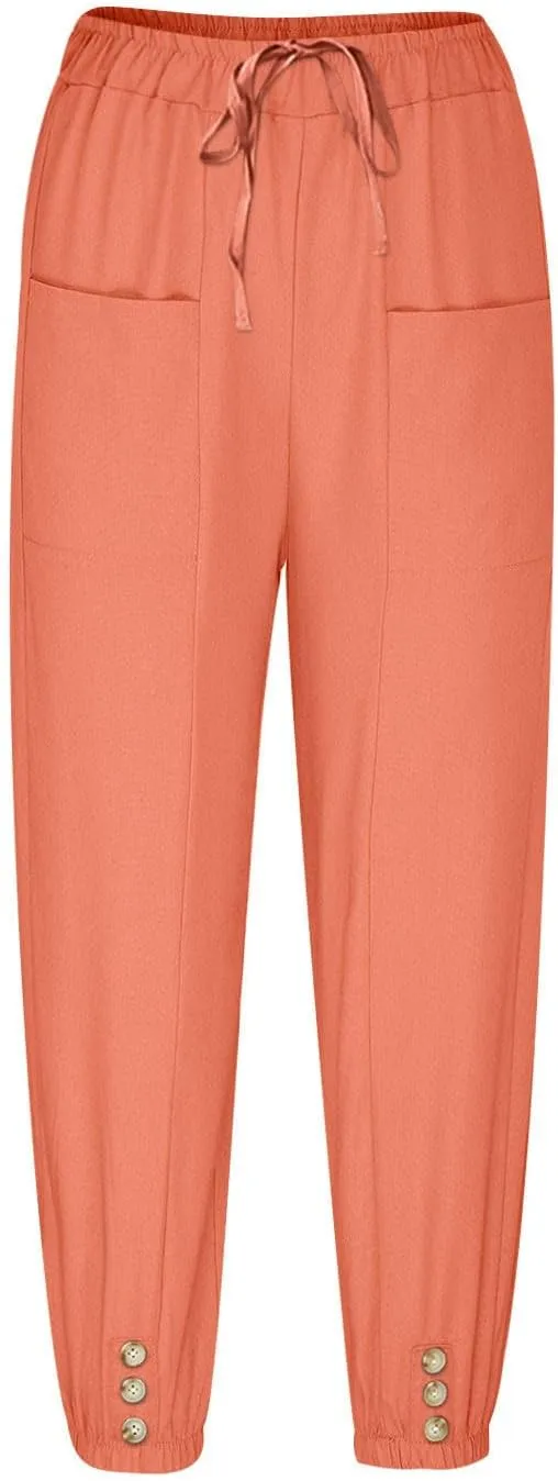 Linen Pants Women Summer High Waist Harem Cropped Pants Casual Loose Fit Trousers Beach Lounge Palazzo with Pocket
