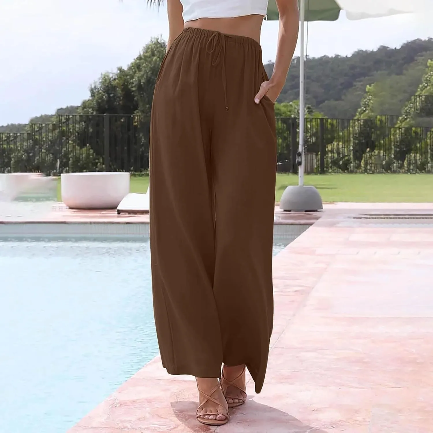 Linen Pants Women Summer Wide Leg Flowy Beach Pants Lightweight Drawstring Cotton Palazzo Pants Trousers with Pockets