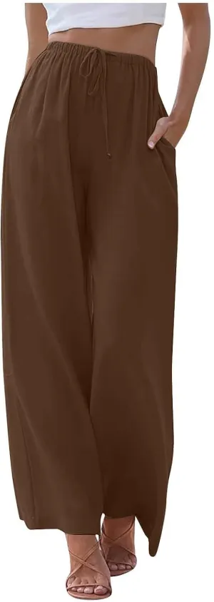 Linen Pants Women Summer Wide Leg Flowy Beach Pants Lightweight Drawstring Cotton Palazzo Pants Trousers with Pockets