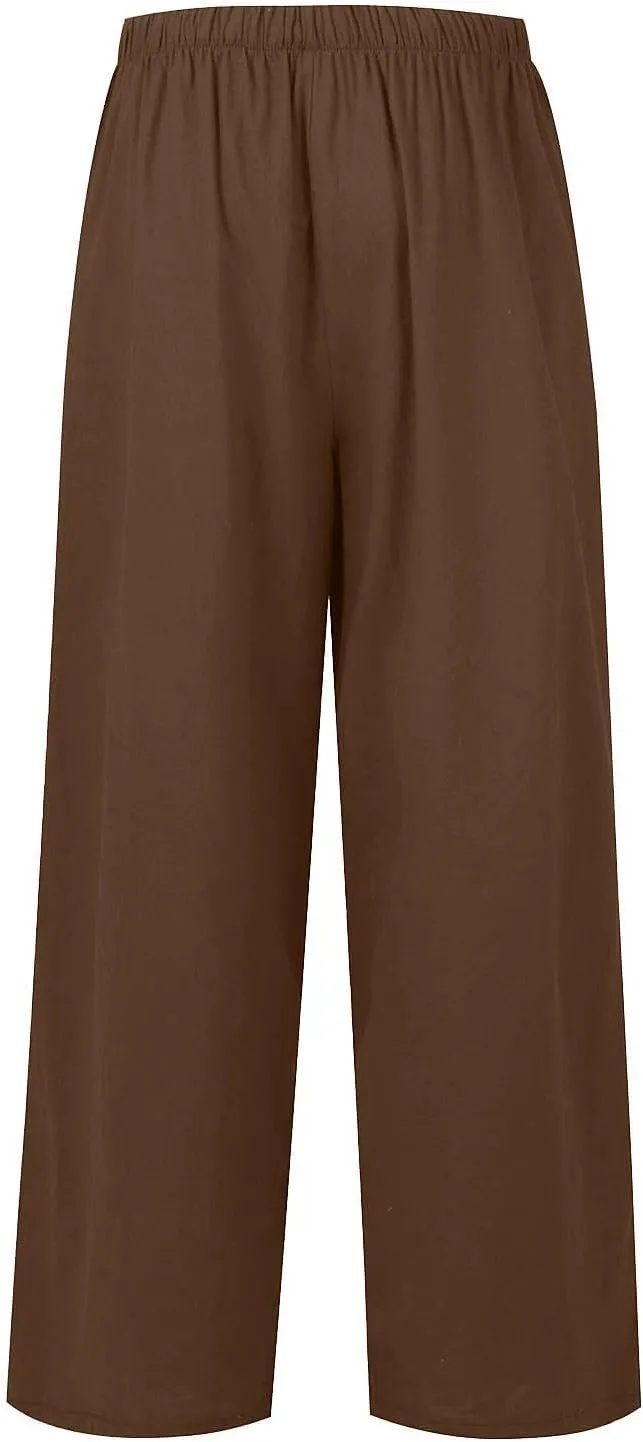 Linen Pants Women Summer Wide Leg Flowy Beach Pants Lightweight Drawstring Cotton Palazzo Pants Trousers with Pockets