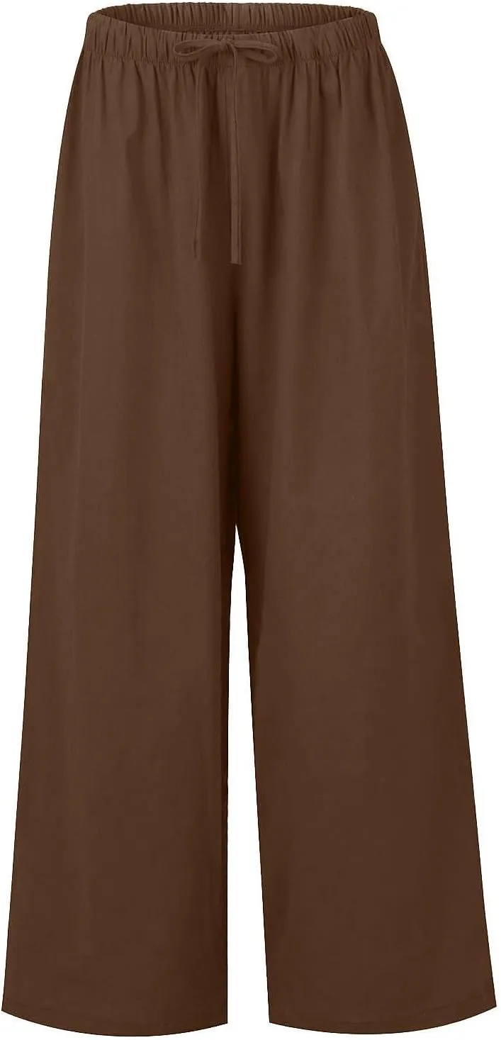 Linen Pants Women Summer Wide Leg Flowy Beach Pants Lightweight Drawstring Cotton Palazzo Pants Trousers with Pockets