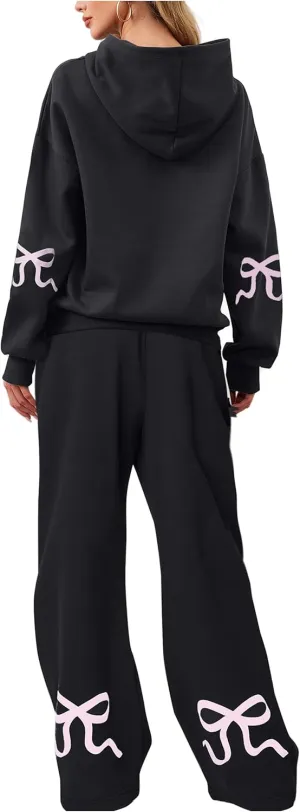 Livtany Women's 2 Piece Outfits Bow Trim Print Hoodie Sweatsuit Sets Oversized Sweatshirt Wide Leg Sweatpants With Pockets