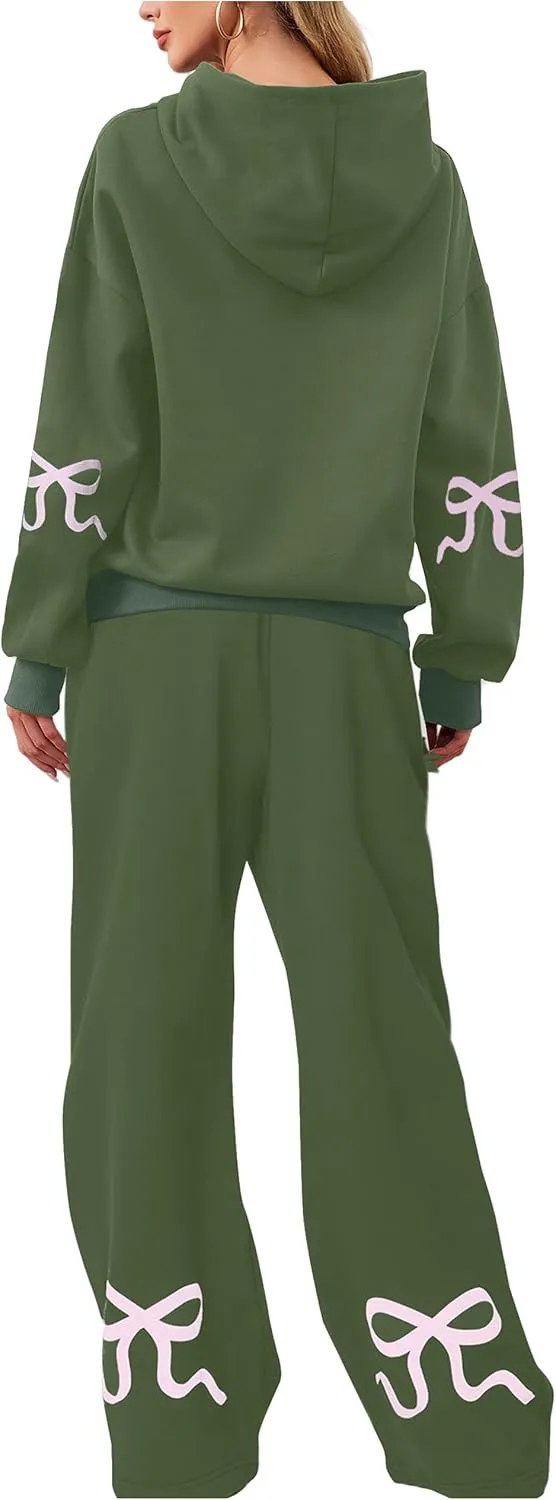 Livtany Women's 2 Piece Outfits Bow Trim Print Hoodie Sweatsuit Sets Oversized Sweatshirt Wide Leg Sweatpants With Pockets