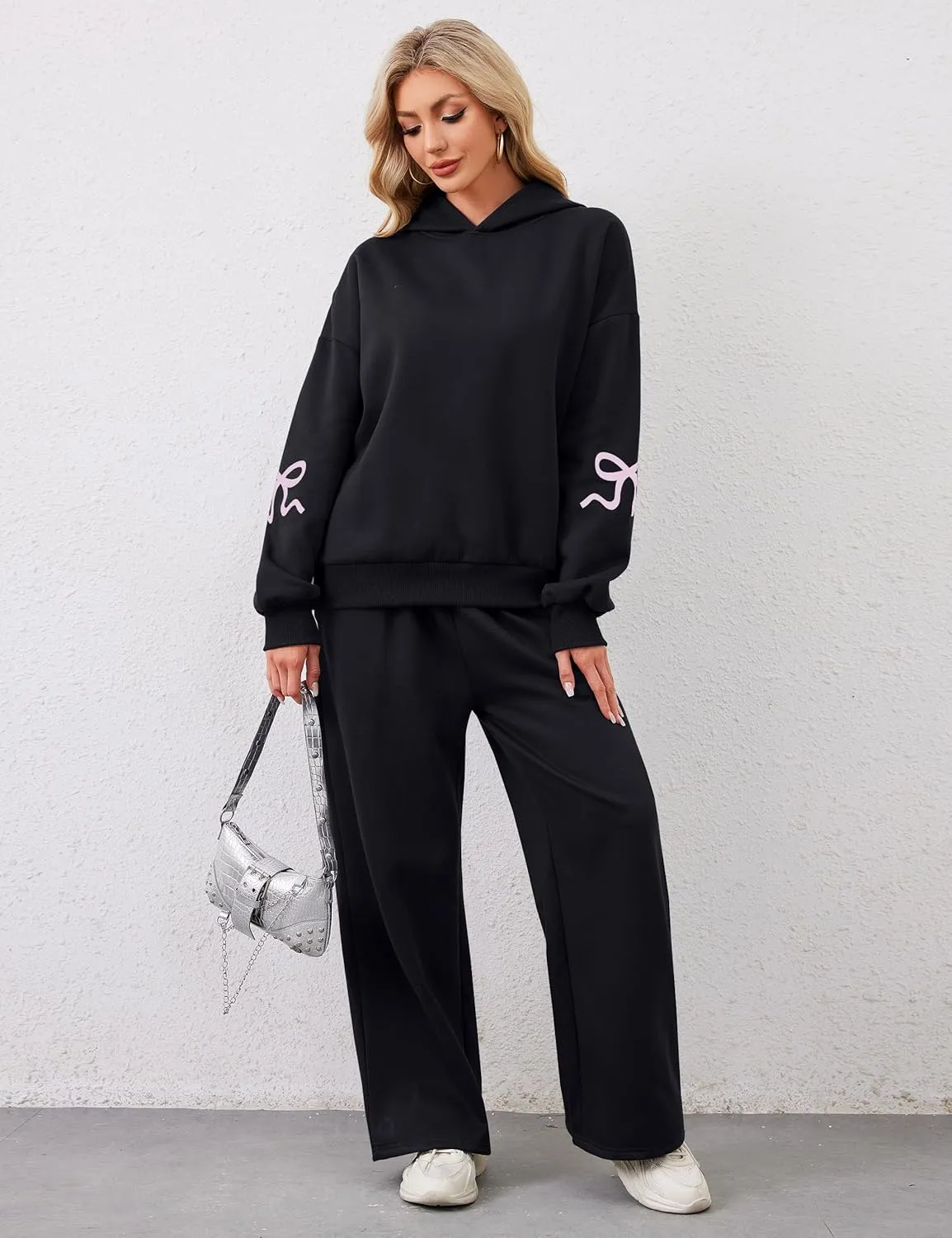 Livtany Women's 2 Piece Outfits Bow Trim Print Hoodie Sweatsuit Sets Oversized Sweatshirt Wide Leg Sweatpants With Pockets