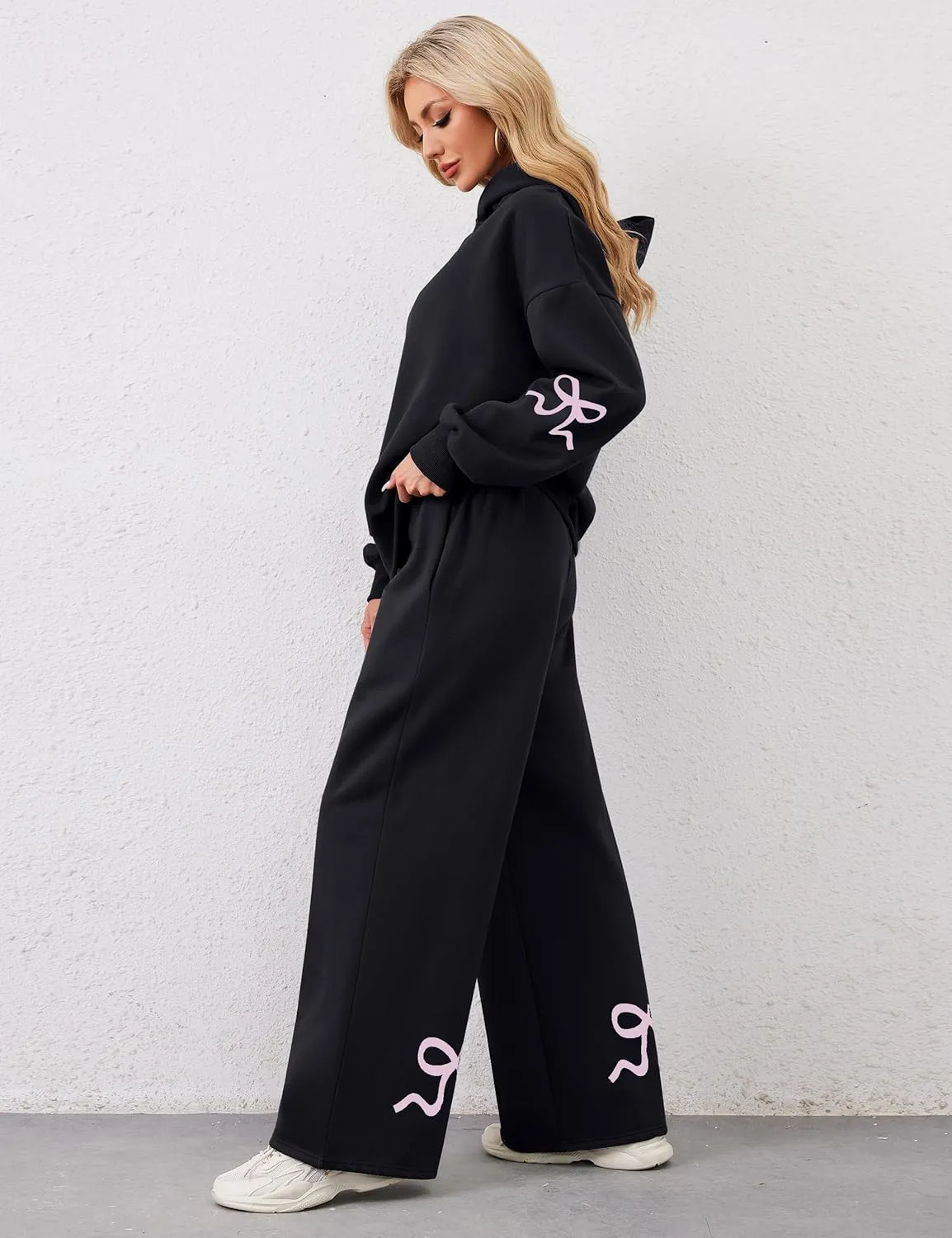 Livtany Women's 2 Piece Outfits Bow Trim Print Hoodie Sweatsuit Sets Oversized Sweatshirt Wide Leg Sweatpants With Pockets