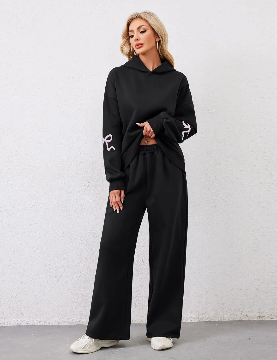 Livtany Women's 2 Piece Outfits Bow Trim Print Hoodie Sweatsuit Sets Oversized Sweatshirt Wide Leg Sweatpants With Pockets