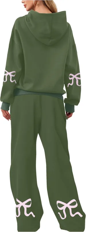 Livtany Women's 2 Piece Outfits Bow Trim Print Hoodie Sweatsuit Sets Oversized Sweatshirt Wide Leg Sweatpants With Pockets