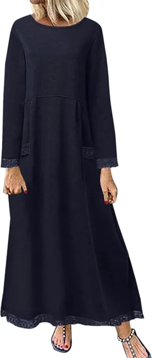 Long Sleeve Sweatshirt Maxi Dress for Women Casual Lace Trim Long Dresses Crewneck Loose Pocket Ankle Dresses