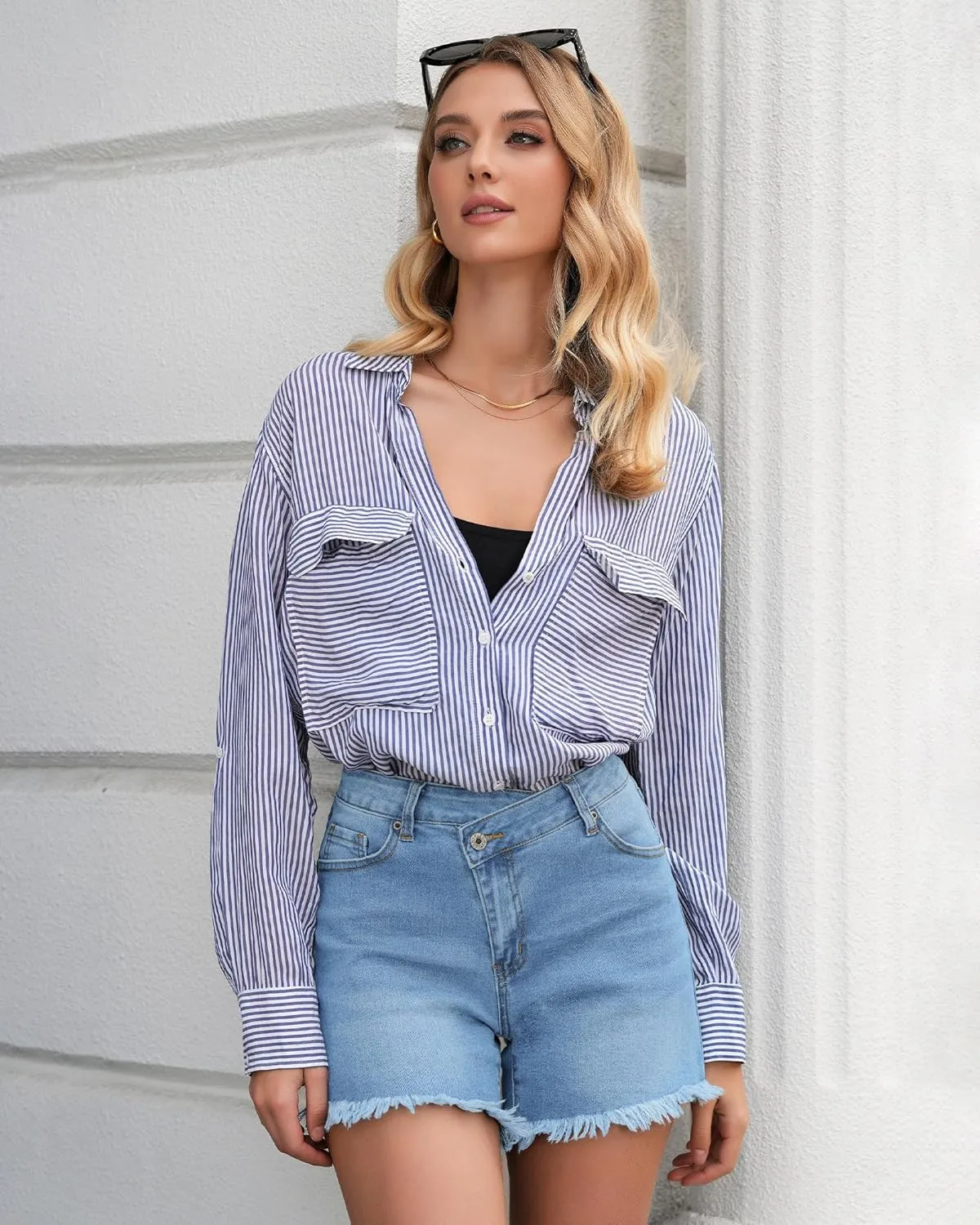 LookbookStore Jean Shorts for Women Low Waisted Stretchy Crossover Waist Denim Shorts Raw Hem