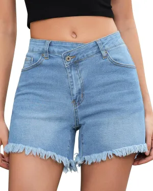 LookbookStore Jean Shorts for Women Low Waisted Stretchy Crossover Waist Denim Shorts Raw Hem